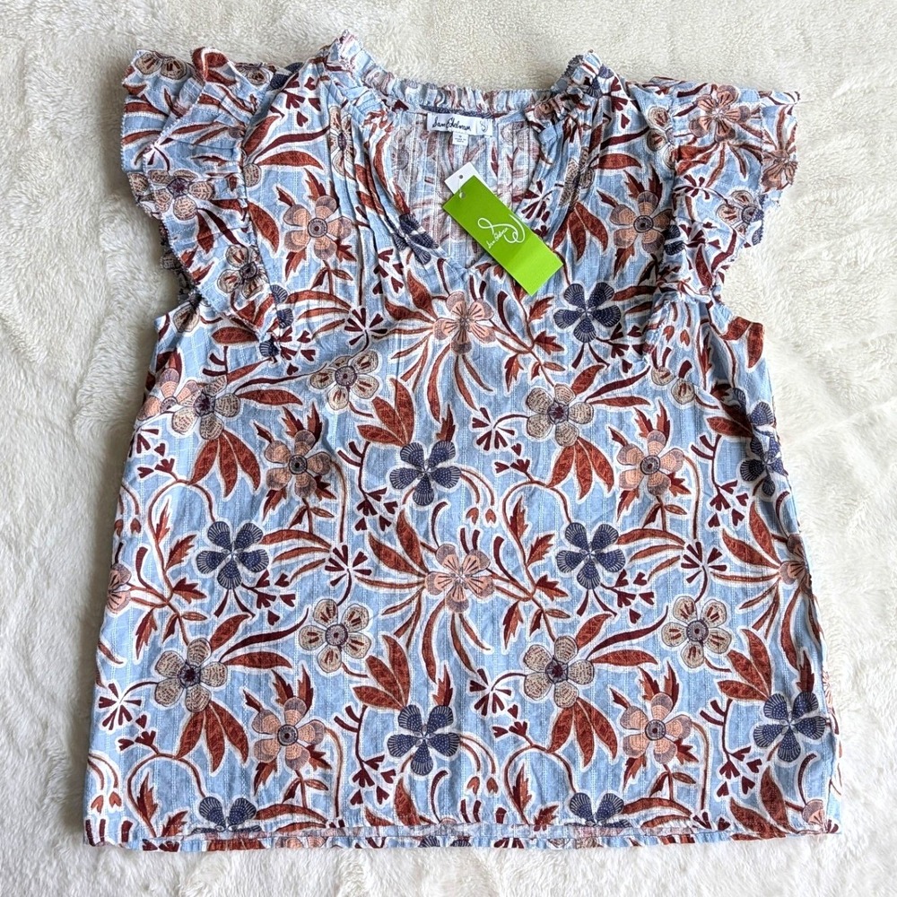 Sam Edelman Flora Stamp Ruffle Flutter Sleeve Top Soft Chambray NEW Size Small